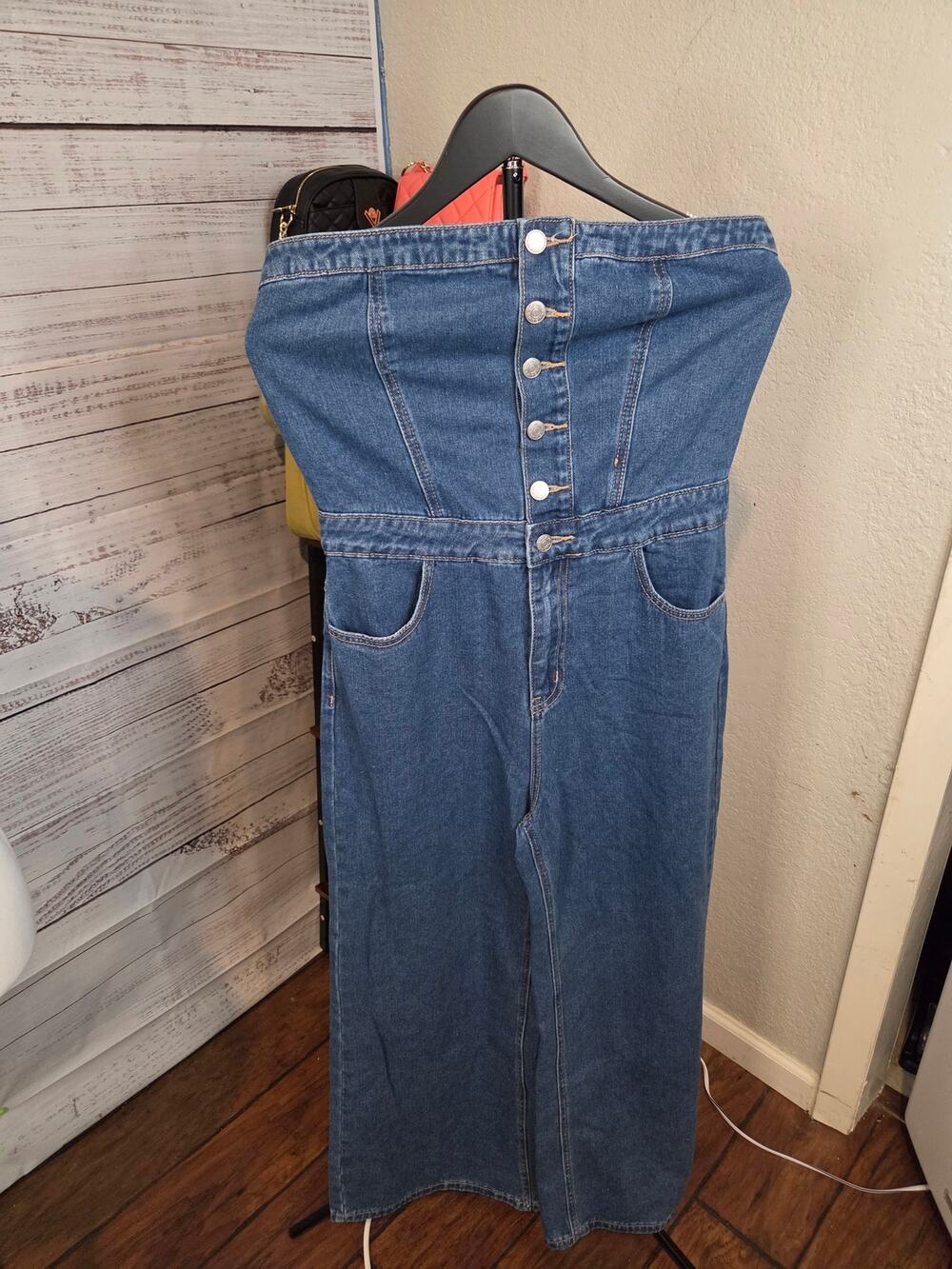 SHEIN Blue Denim Strapless Button Front Jumpsuit Women's Size M